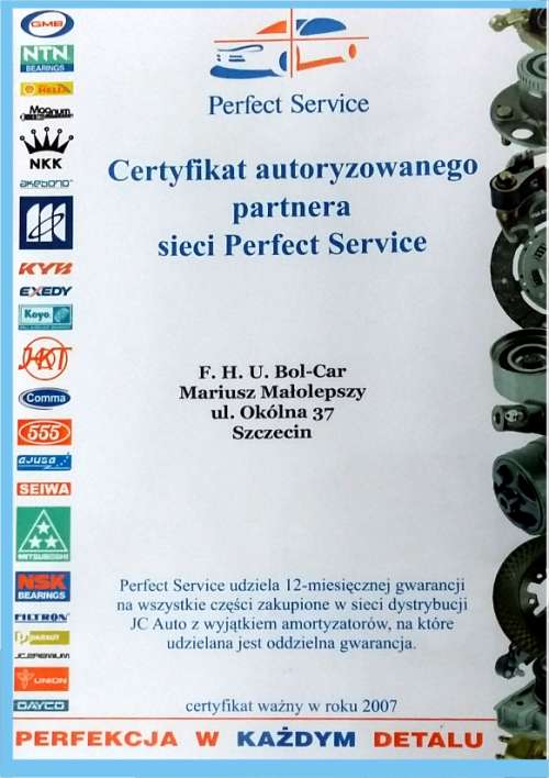 Certyfikat Autoryzowanego Partnera Perfect Service dla Bol-Car